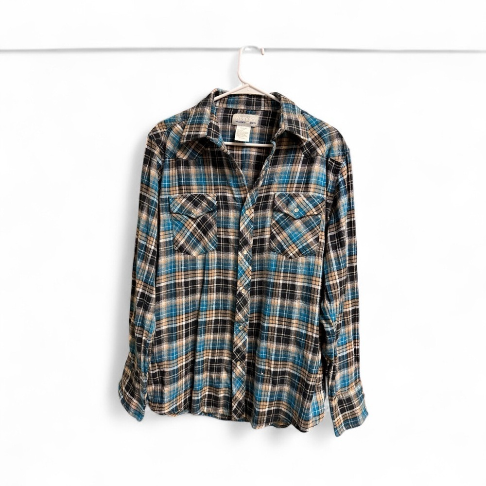 Wrangler Pearl Snap Flannel Shirt Men’s L Plaid Blue Black Cotton Western